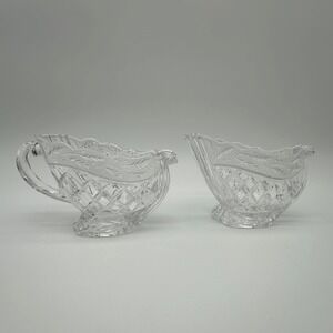 Gorham Holiday Crystal Creamer and Sugar Bowl Set Etched Leaf Diamond Cut